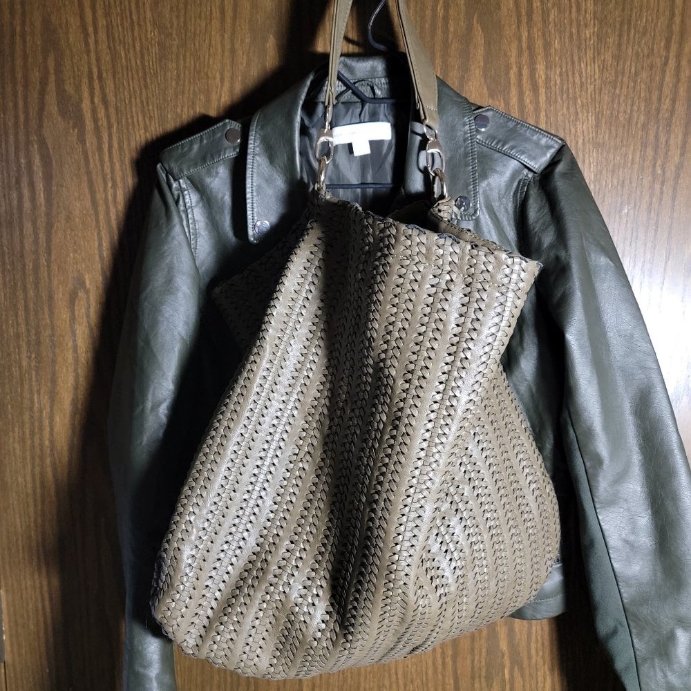 MMS Design Studio Large Olive Green Woven Bucket Bag with Gold Hardware